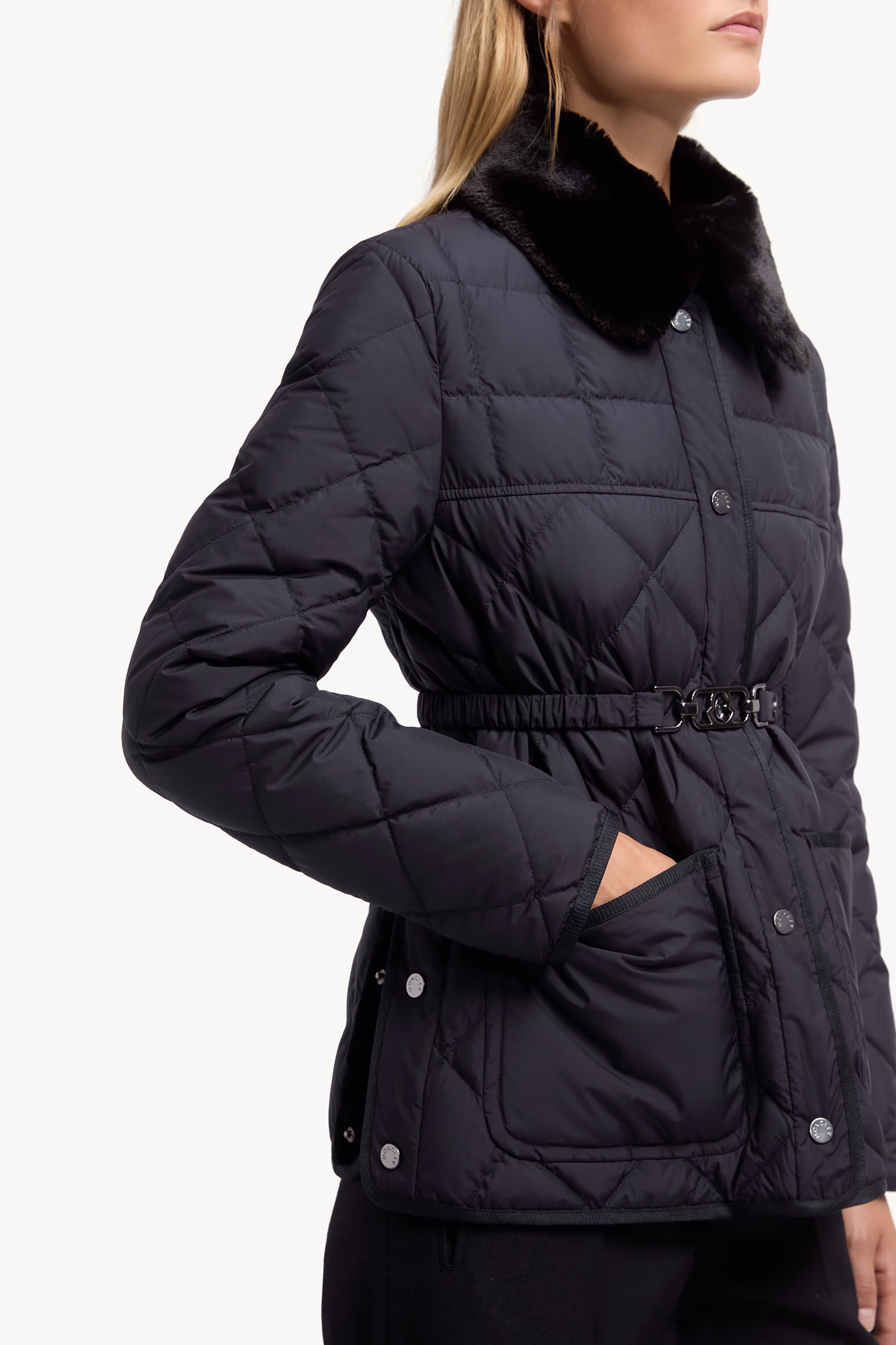 Cygne Faux Fur-Trimmed Short Down Jacket Women Navy Blue Moncler 7